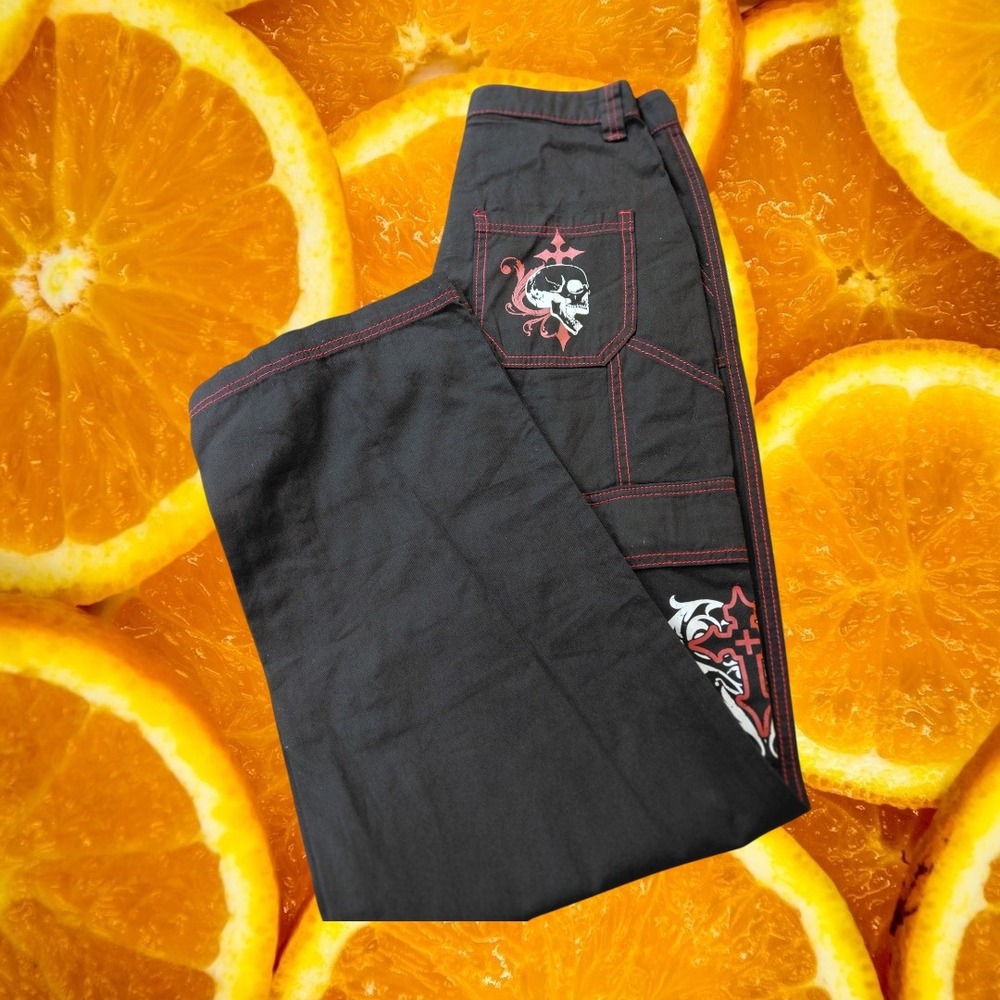 Social Collision Womens Black Skull Rose Cargo Pants Mall Goth Red Stitch Size 5